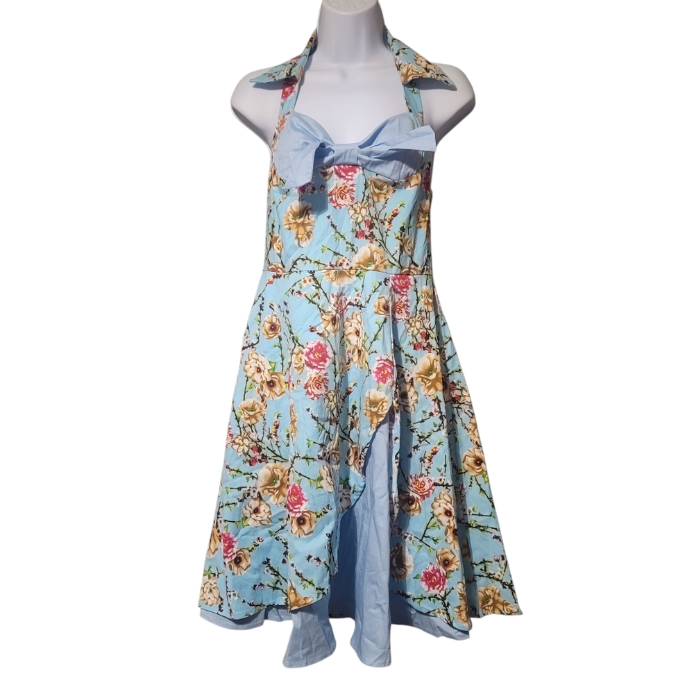 Floral Halter Sun Dress Blue Cotton Rockabilly Pinup Style Bow Front Size‎ S